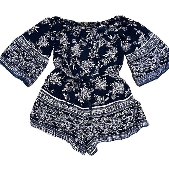 Angie Floral Blue White Boho Summer Romper Women's S Small - Picture 3 of 7